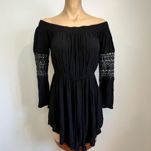 Blush Black Boho Beachy Mini Dress Crochet Sleeves Medium Beach Vacation Summer - Picture 1 of 11